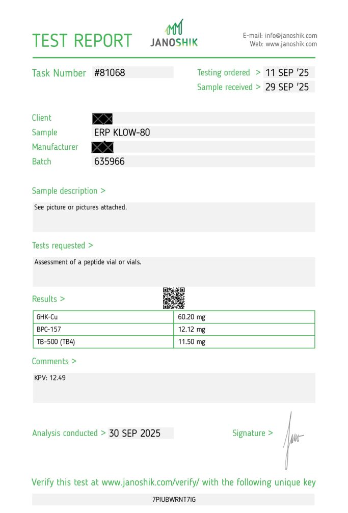 KLOW 80mg Certificate of Analysis document
