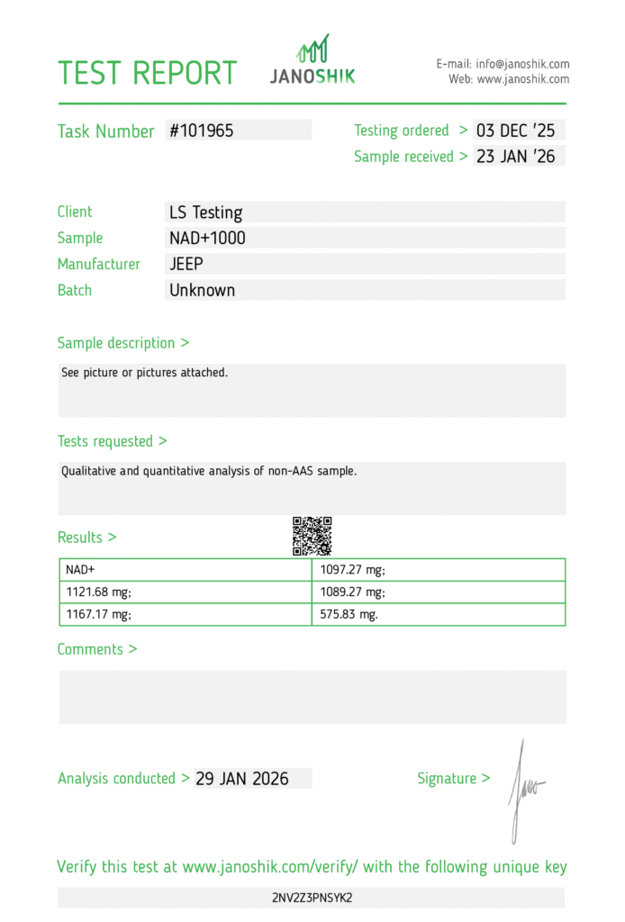 NAD+ 1000mg Certificate of Analysis document