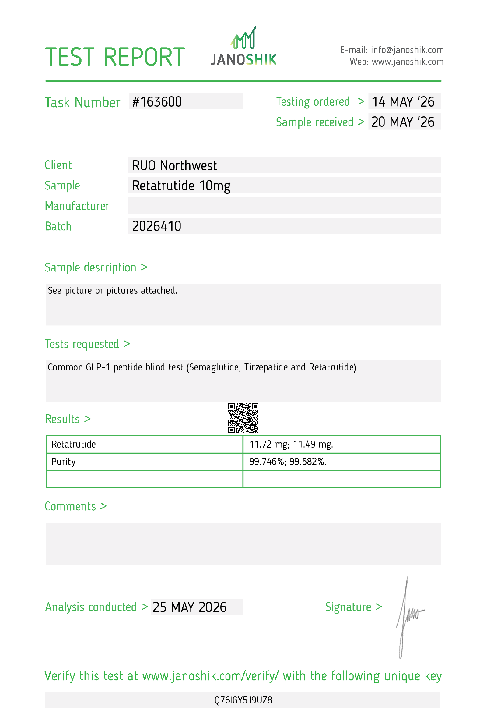 AT-R3 (Reta) - 10MG Certificate of Analysis