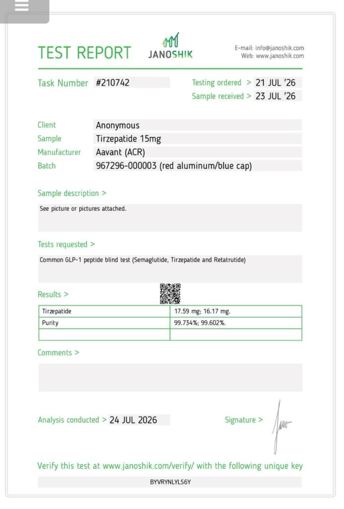 AT2-T 15mg Certificate of Analysis document