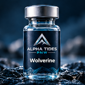 Wolverine vial with silver cap and navy Alpha Tides PNW label on a rocky coast