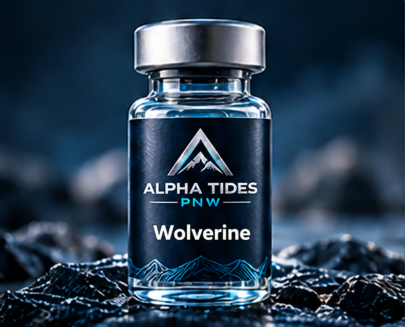 Wolverine vial with silver cap and navy Alpha Tides PNW label on a rocky coast