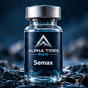 Semax vial with silver cap and navy Alpha Tides PNW label on a rocky coast