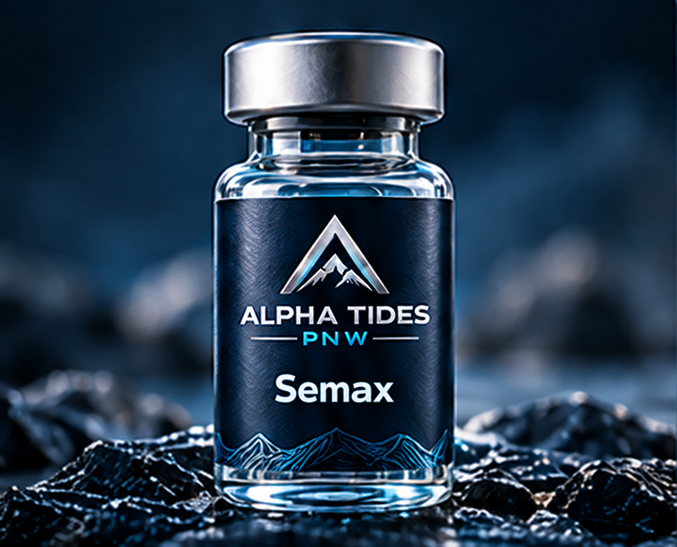 Semax vial with silver cap and navy Alpha Tides PNW label on a rocky coast
