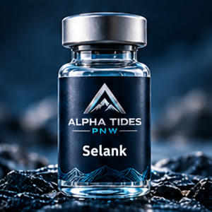 Selank vial with silver cap and navy Alpha Tides PNW label on a rocky coast