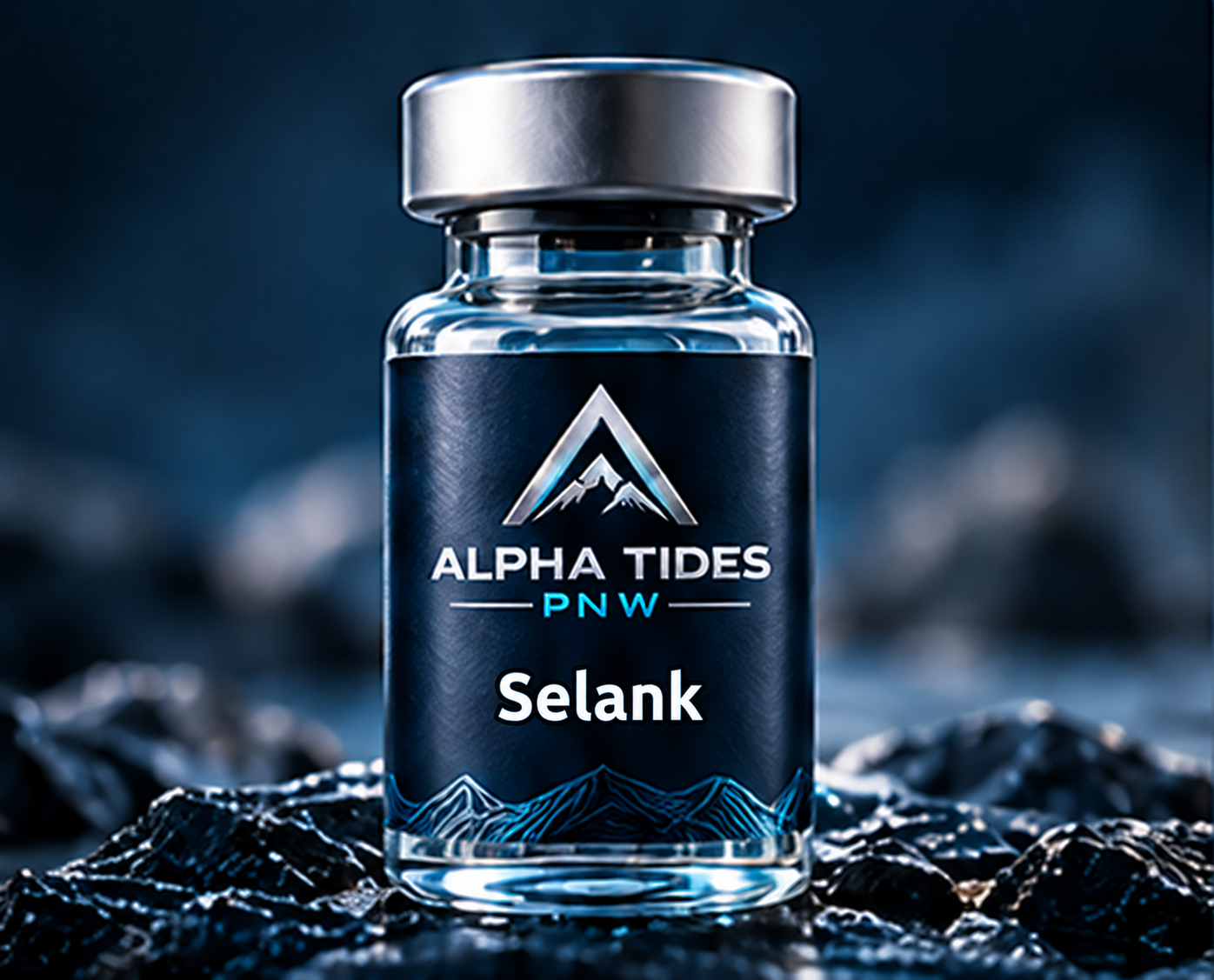 Selank vial with silver cap and navy Alpha Tides PNW label on a rocky coast