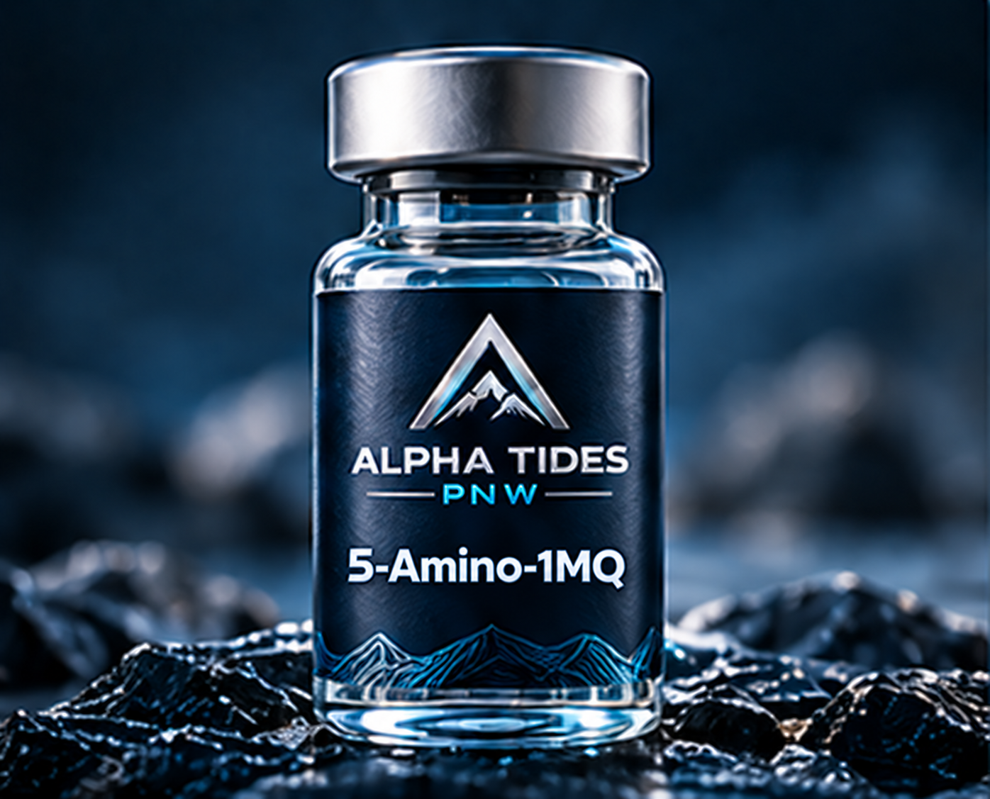 5-Amino-1MQ vial with silver cap and navy Alpha Tides PNW label on a rocky coast