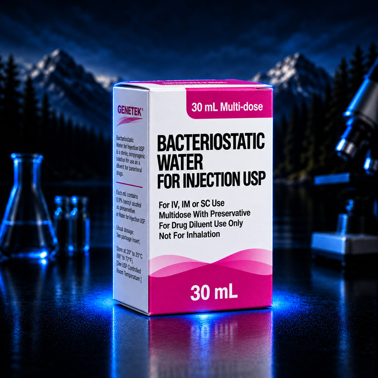Genetek Bacteriostatic Water 30 mL carton, front view, on a dark reflective surface with blue lighting