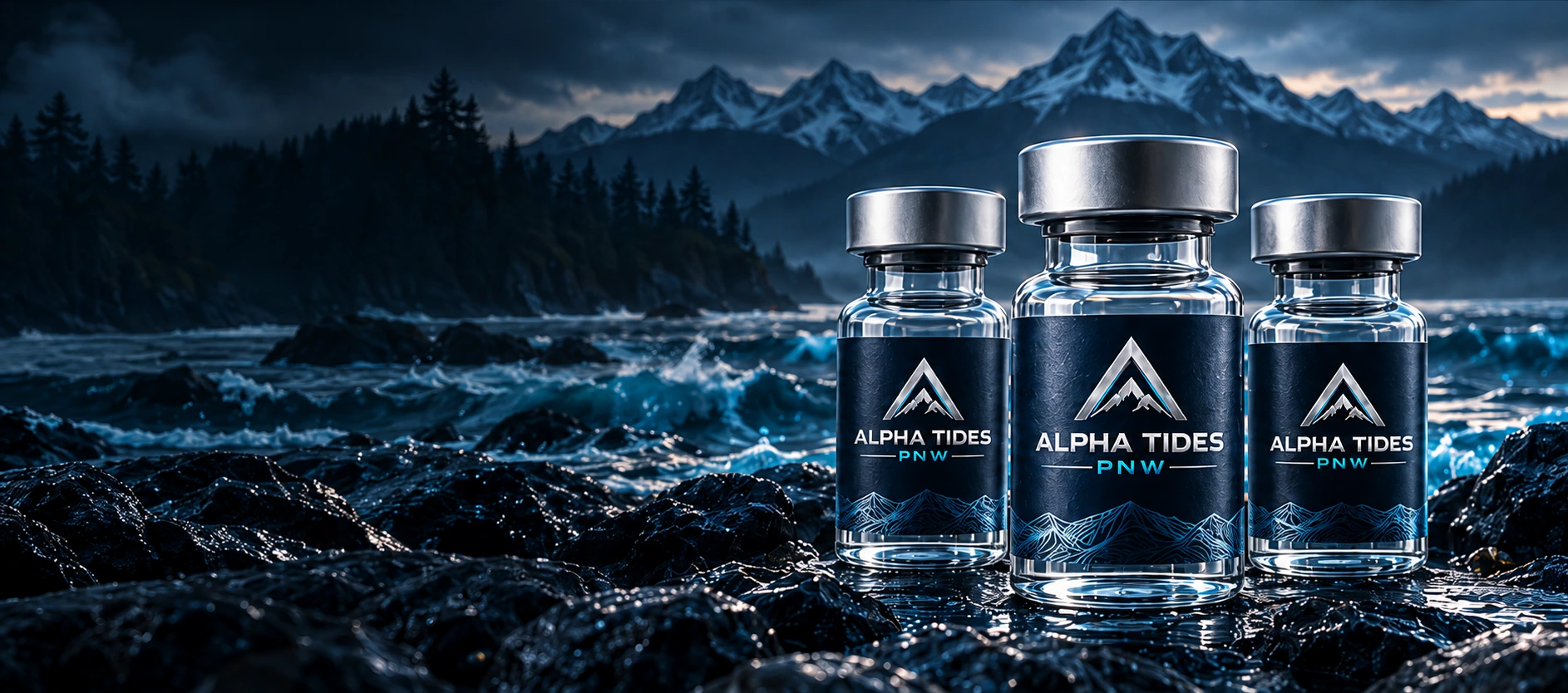 Three Alpha Tides PNW illustrative vials against mountains and ocean