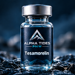 Tesamorelin vial with silver cap and navy Alpha Tides PNW label on a rocky coast