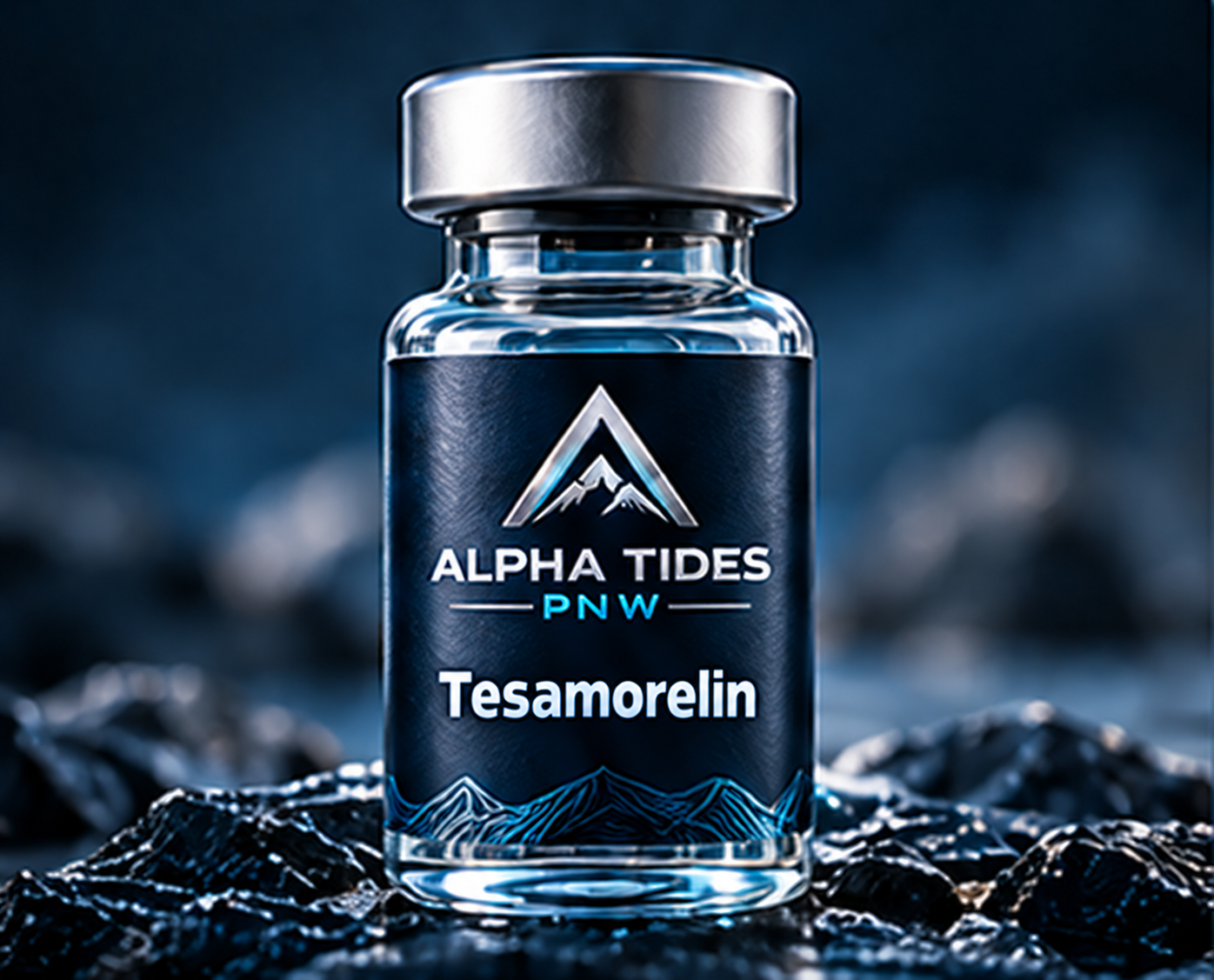 Tesamorelin vial with silver cap and navy Alpha Tides PNW label on a rocky coast