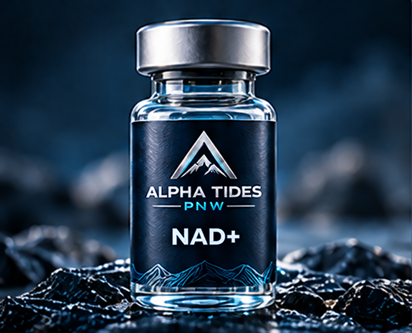 NAD+ vial with silver cap and navy Alpha Tides PNW label on a rocky coast