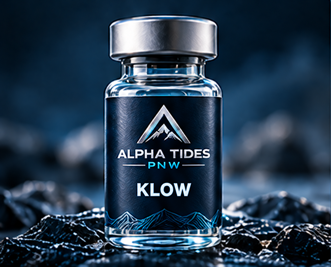 KLOW vial with silver cap and navy Alpha Tides PNW label on a rocky coast