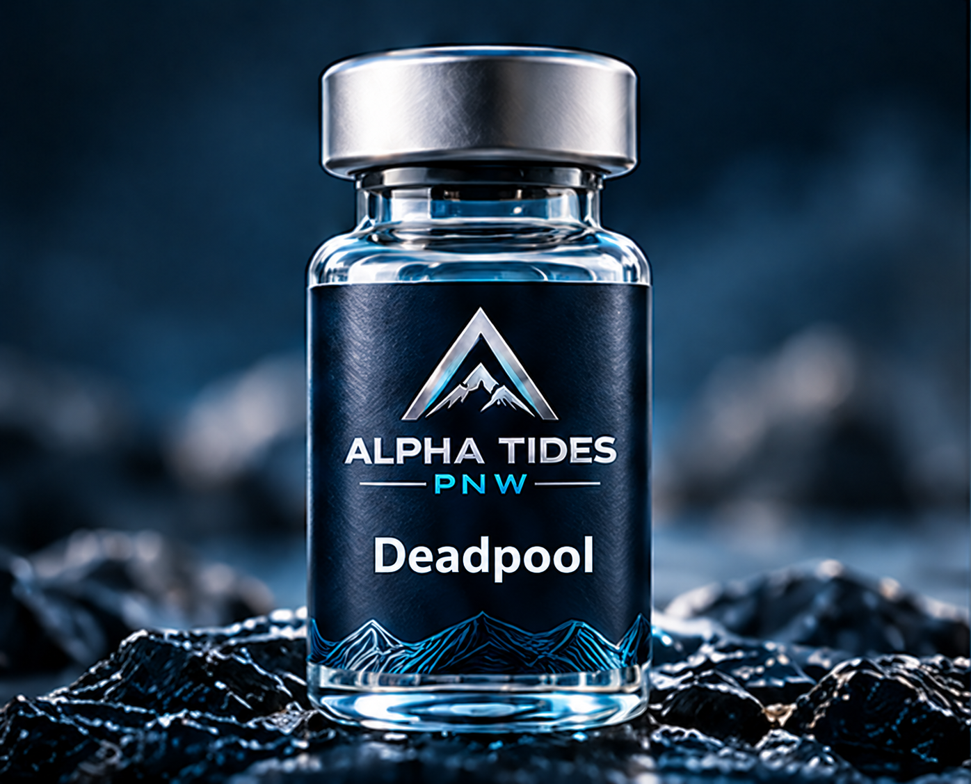 Deadpool vial with silver cap and navy Alpha Tides PNW label on a rocky coast