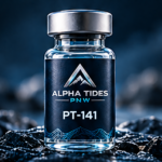 PT-141 vial with silver cap and navy Alpha Tides PNW label on a rocky coast