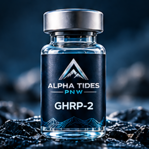 GHRP-2 vial with silver cap and navy Alpha Tides PNW label on a rocky coast