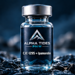 CJC-1295 + Ipamorelin vial with silver cap and navy Alpha Tides PNW label on a rocky coast