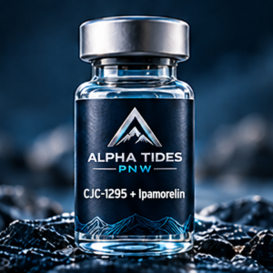 CJC-1295 + Ipamorelin vial with silver cap and navy Alpha Tides PNW label on a rocky coast