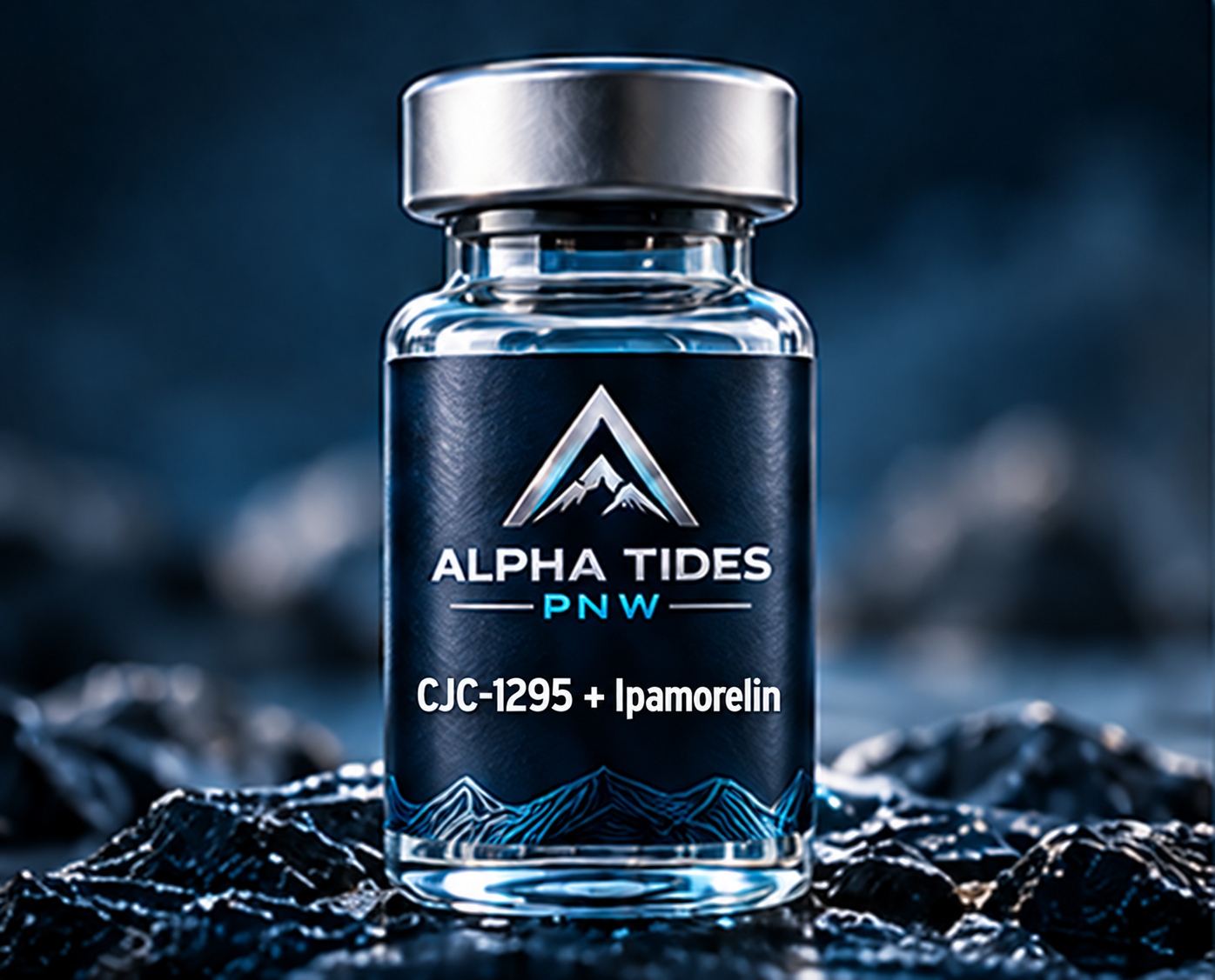 CJC-1295 + Ipamorelin vial with silver cap and navy Alpha Tides PNW label on a rocky coast