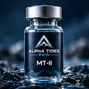 MT-II vial with silver cap and navy Alpha Tides PNW label on a rocky coast