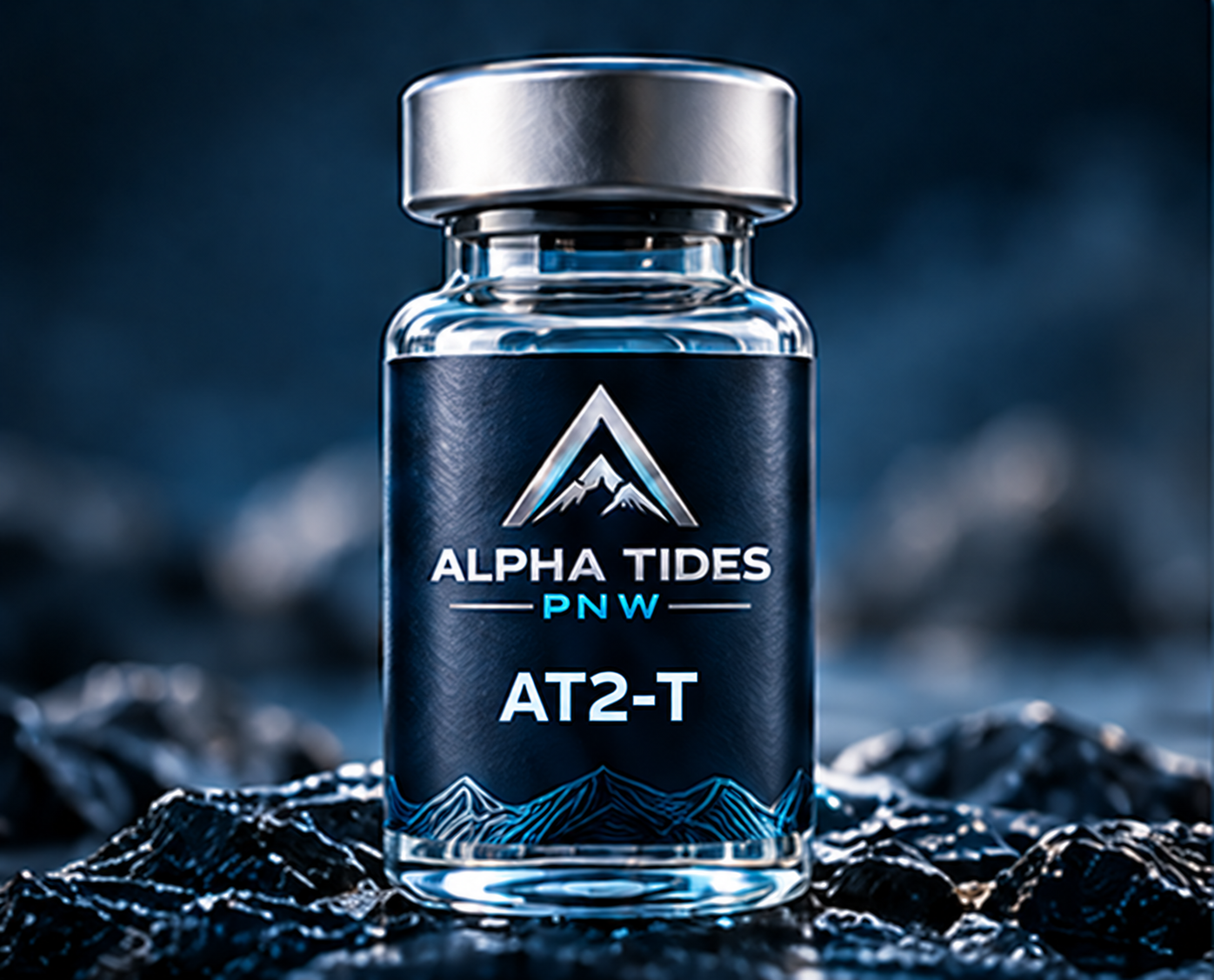 AT2-T vial with silver cap and navy Alpha Tides PNW label on a rocky coast
