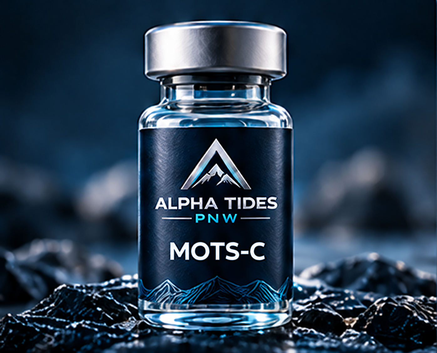 MOTS-C vial with silver cap and navy Alpha Tides PNW label on a rocky coast