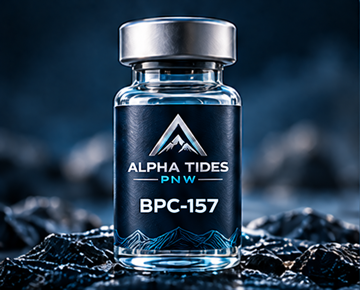 BPC-157 vial with silver cap and navy Alpha Tides PNW label on a rocky coast